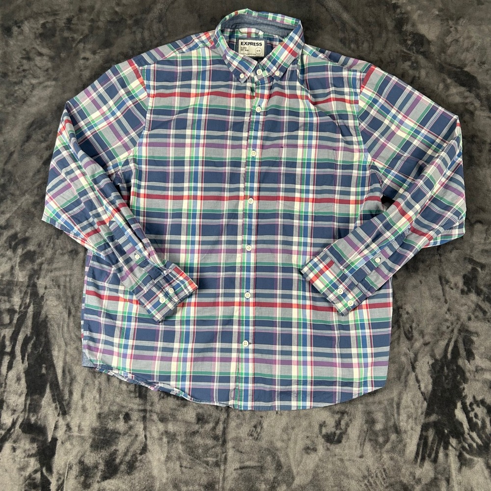 Express Button Down Shirt Mens XL Blue Multi Plaid Classic Soft Wash Cotton